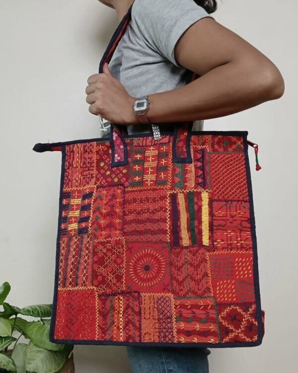 Boho Patchwork Tote Bag with Hand-Embroidery -(TOTB1020)