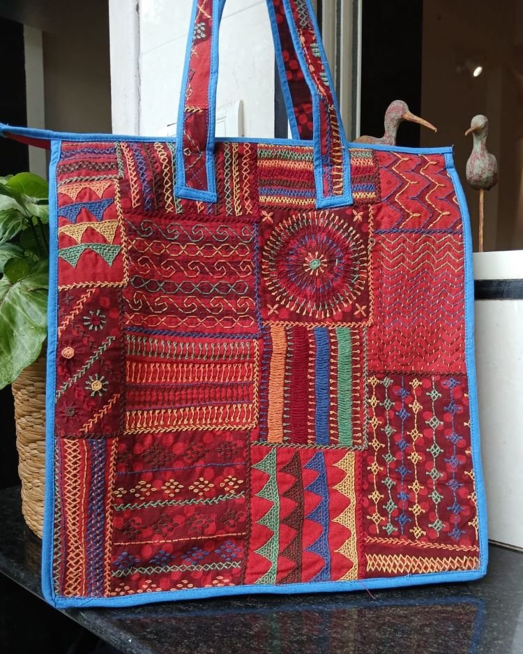 Boho Patchwork Tote Bag with Hand-Embroidery -(TOTB1021) - Image 4