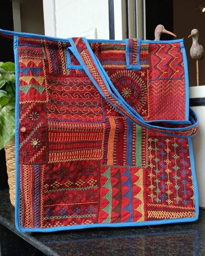 Boho Patchwork Tote Bag with Hand-Embroidery -(TOTB1021) - Image 2