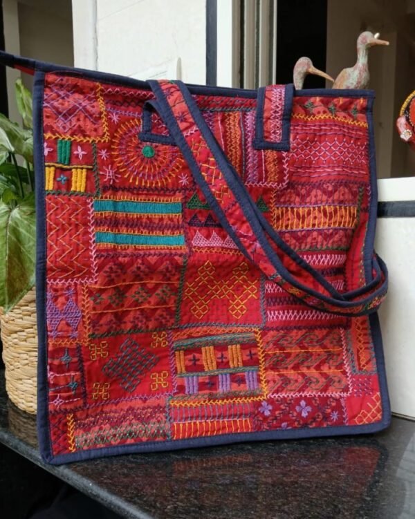 Boho Patchwork Tote Bag with Hand-Embroidery -(TOTB1015) - Image 2