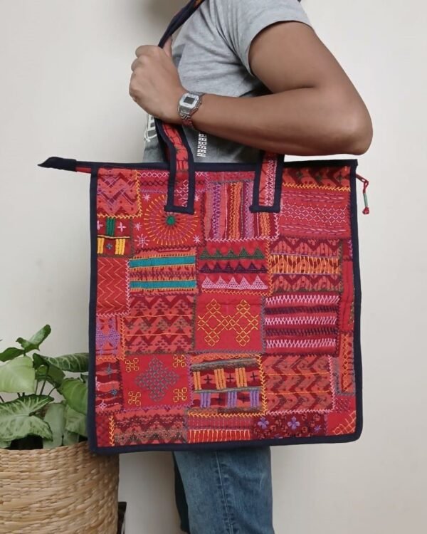 Boho Patchwork Tote Bag with Hand-Embroidery -(TOTB1015)