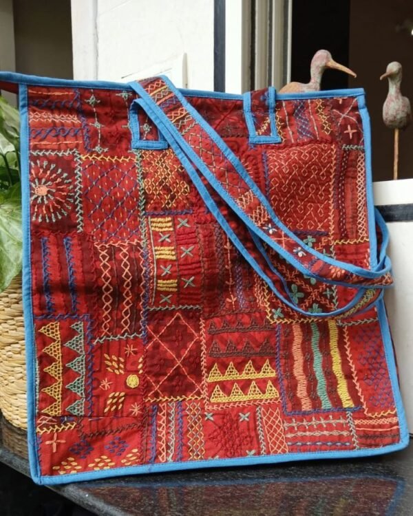 Boho Patchwork Tote Bag with Hand-Embroidery -(TOTB1018) - Image 2