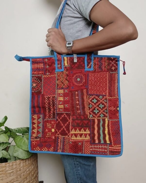 Boho Patchwork Tote Bag with Hand-Embroidery -(TOTB1018)