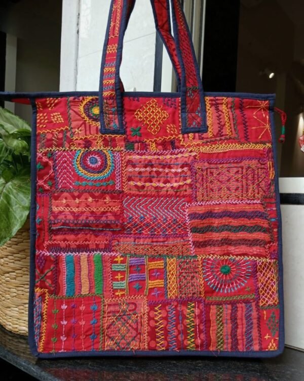 Boho Patchwork Tote Bag with Hand-Embroidery -(TOTB1019) - Image 4