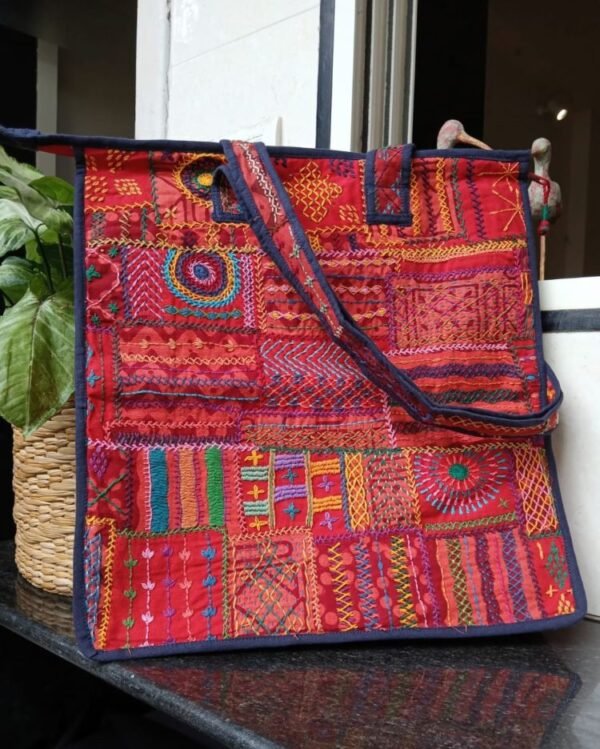 Boho Patchwork Tote Bag with Hand-Embroidery -(TOTB1019) - Image 2