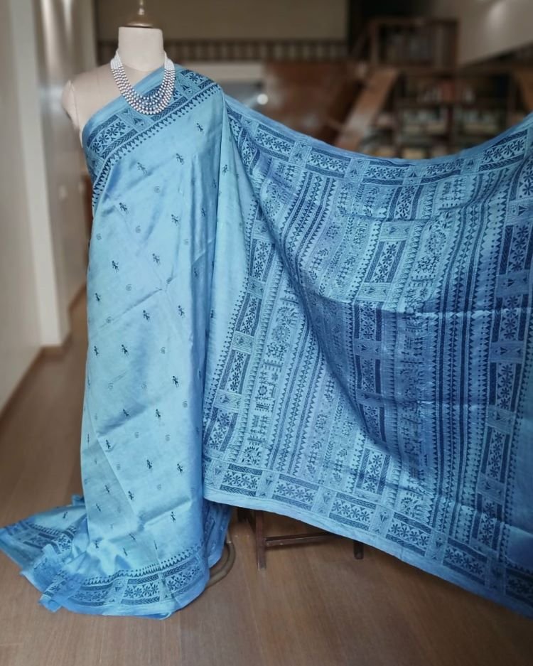 Santiniketan Kantha Saree in pure Bisnupuri Silk – (SNBK1032) - Image 3