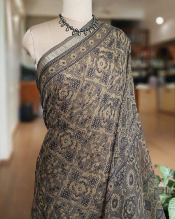 Barmer Ajrakh in Natural Dyes on Kota Doria Cotton Saree - (BAKS0001) - Image 4