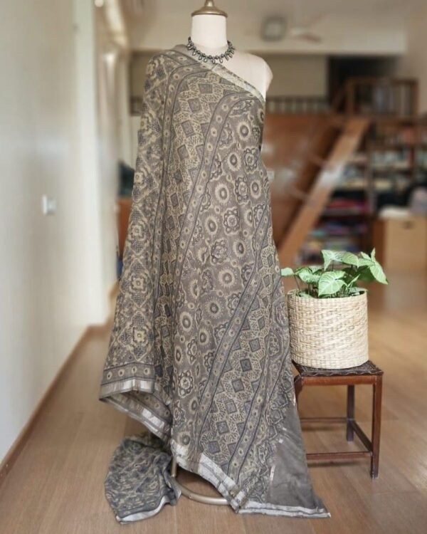 Barmer Ajrakh in Natural Dyes on Kota Doria Cotton Saree - (BAKS0001) - Image 6