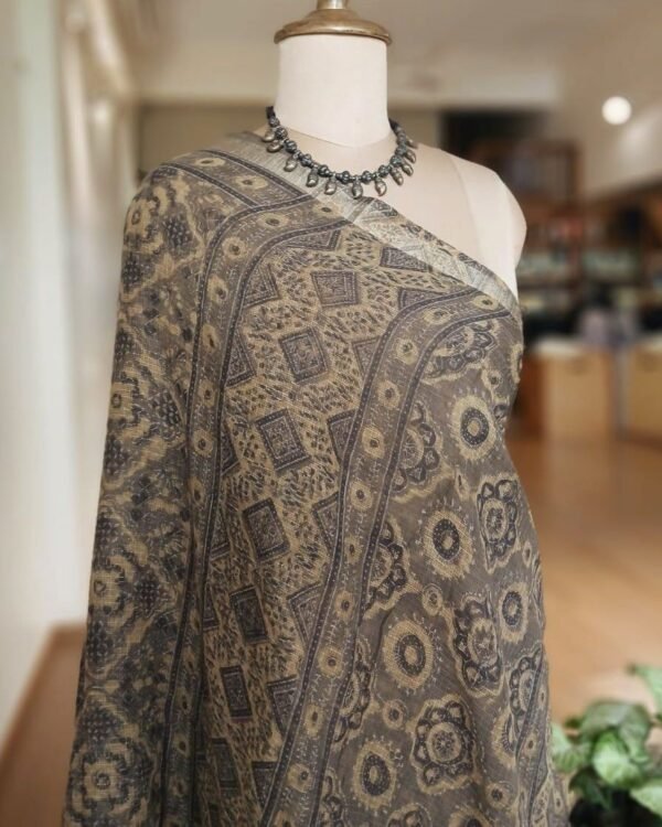 Barmer Ajrakh in Natural Dyes on Kota Doria Cotton Saree - (BAKS0001) - Image 7