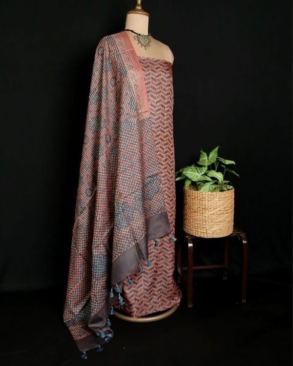 Two-piece salwar sets in pure Tussar Silk with natural dyes Ajrakh – (TPSS0014) - Image 2