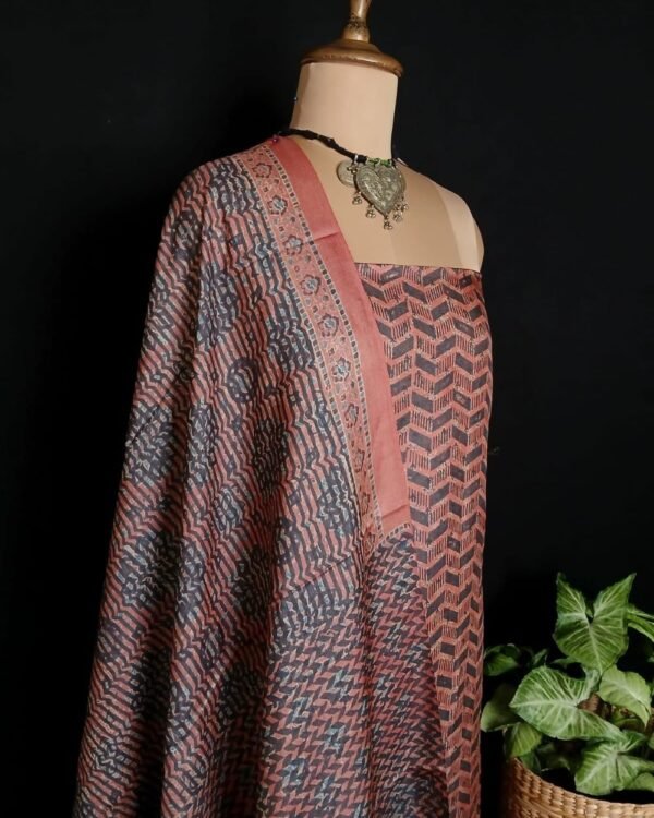 Two-piece salwar sets in pure Tussar Silk with natural dyes Ajrakh – (TPSS0014) - Image 3