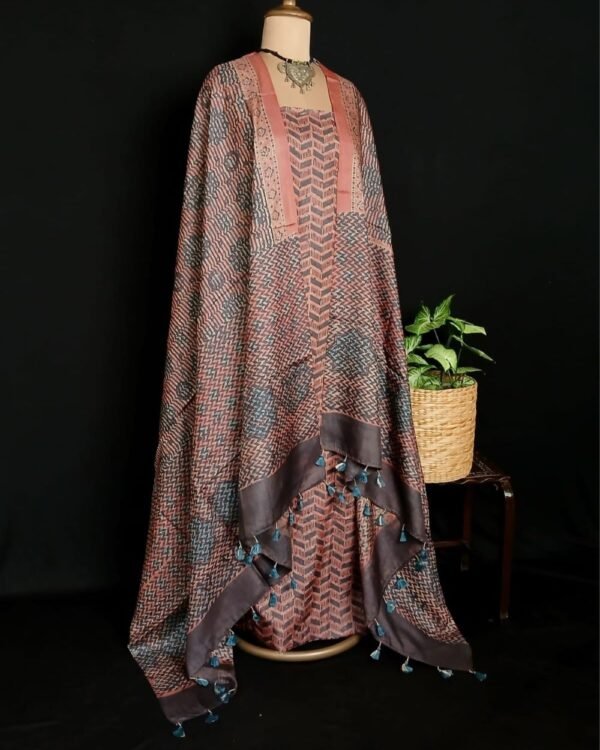 Two-piece salwar sets in pure Tussar Silk with natural dyes Ajrakh – (TPSS0014) - Image 4