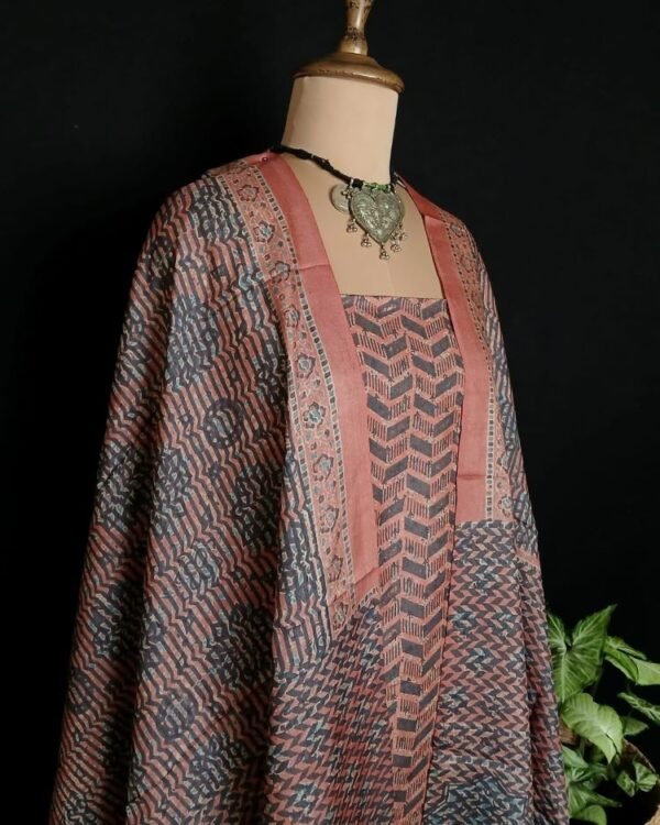 Two-piece salwar sets in pure Tussar Silk with natural dyes Ajrakh – (TPSS0014) - Image 5