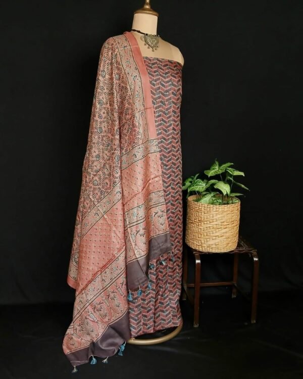Two-piece salwar sets in pure Tussar Silk with natural dyes Ajrakh – (TPSS0016) - Image 2
