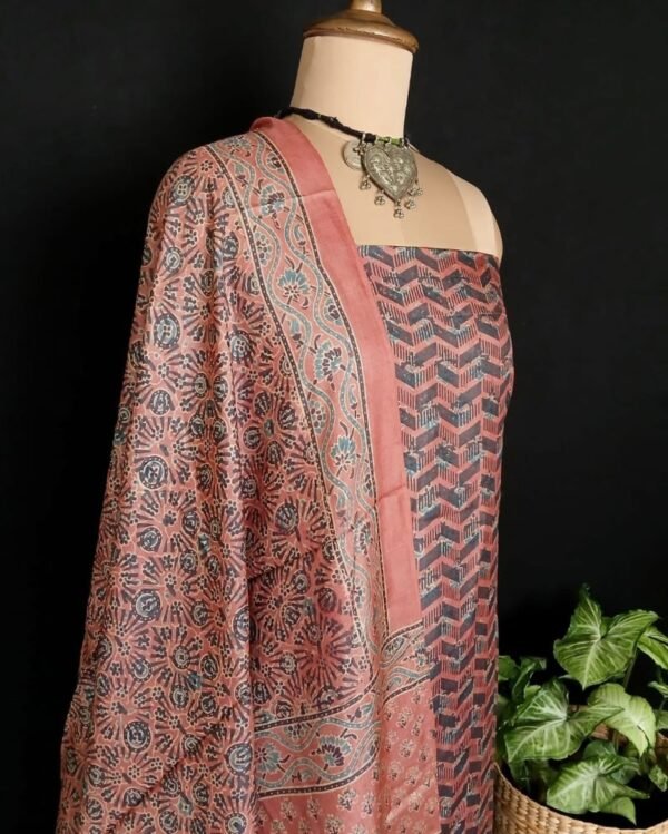 Two-piece salwar sets in pure Tussar Silk with natural dyes Ajrakh – (TPSS0016) - Image 3