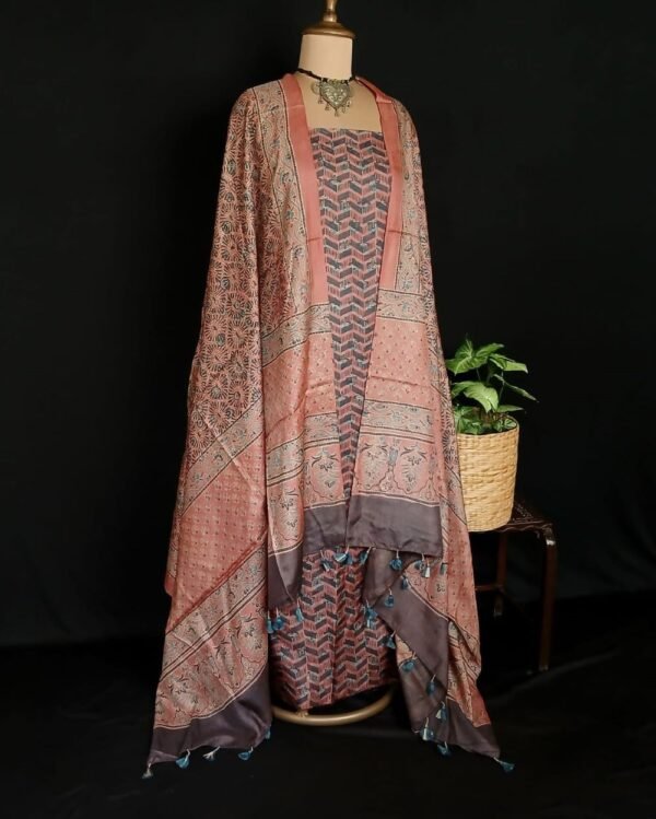 Two-piece salwar sets in pure Tussar Silk with natural dyes Ajrakh – (TPSS0016) - Image 5
