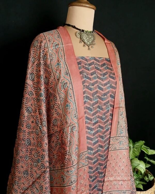 Two-piece salwar sets in pure Tussar Silk with natural dyes Ajrakh – (TPSS0016) - Image 6