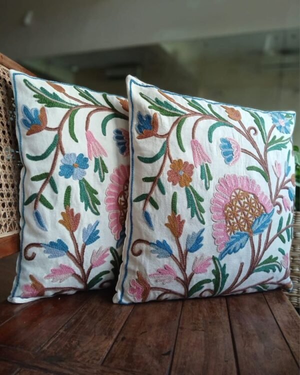Crewel embroidered Chinar Motif Cushion Covers – (CCMC0017)