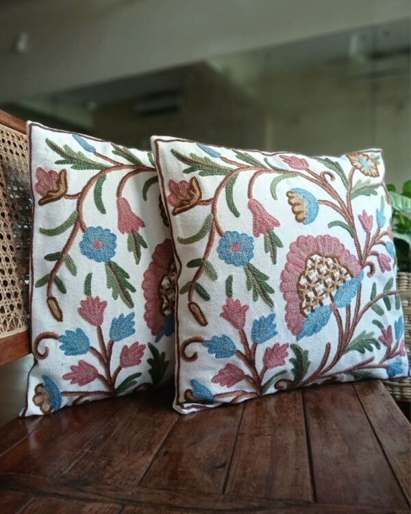 Crewel embroidered Chinar Motif Cushion Covers – (CCMC0018)