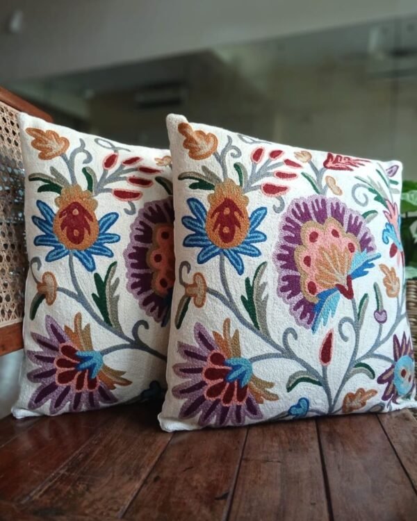 Crewel embroidered Chinar Motif Cushion Covers – (CCMC0019)