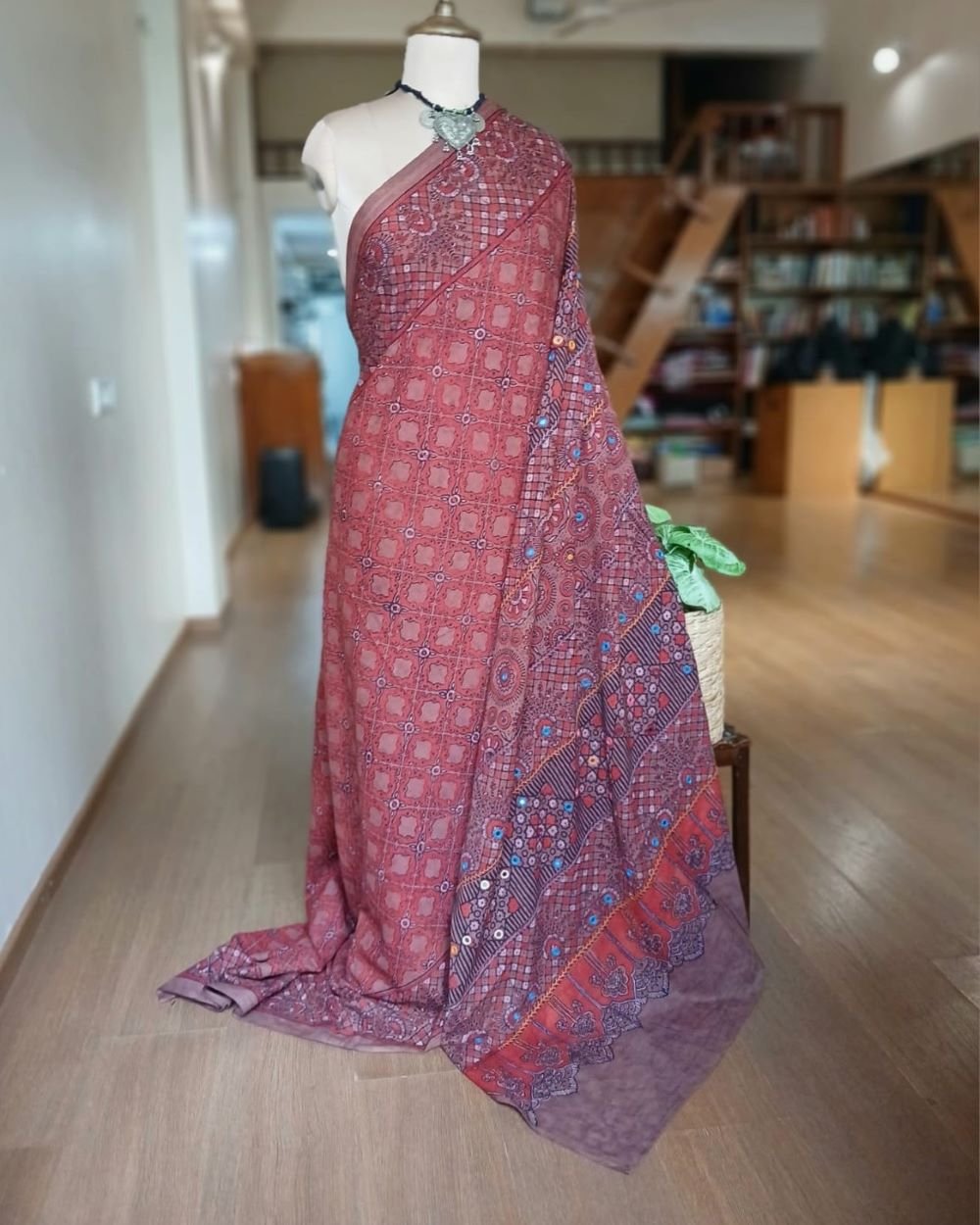 Barmer Ajrakh with Embroidered Palla Mul Cotton Saree - (AMCE1021) - Image 2