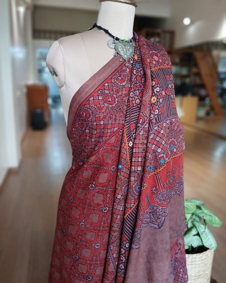 Barmer Ajrakh with Embroidered Palla Mul Cotton Saree - (AMCE1021)