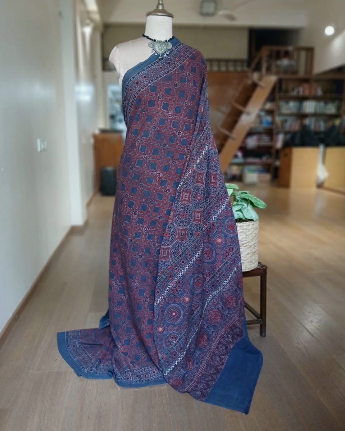 Barmer Ajrakh with Embroidered Palla Mul Cotton Saree - (AMCE1025) - Image 2