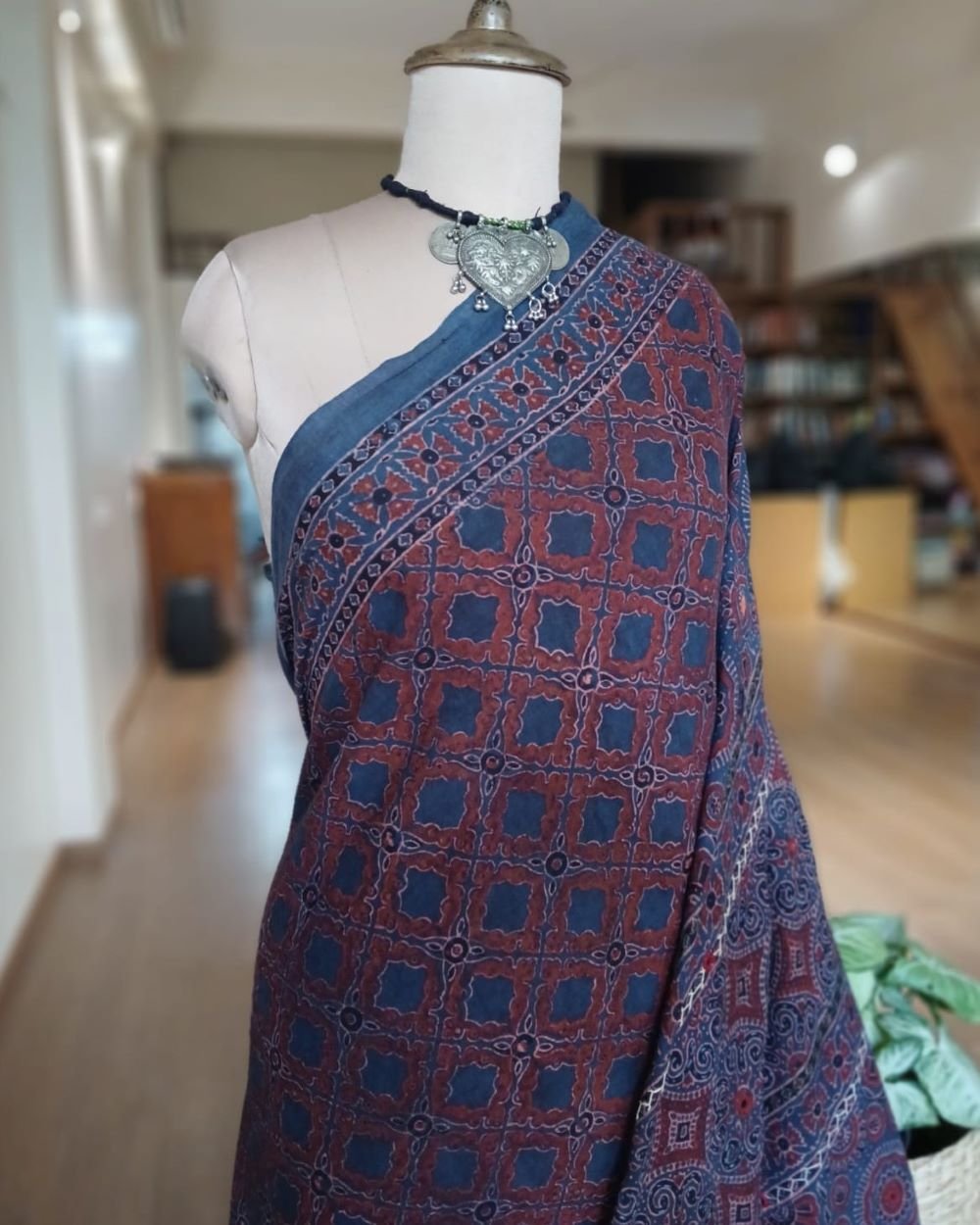 Barmer Ajrakh with Embroidered Palla Mul Cotton Saree - (AMCE1025) - Image 3