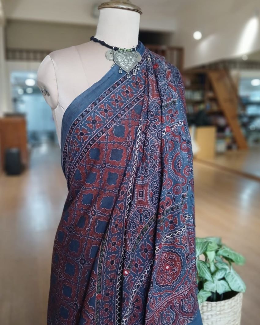 Barmer Ajrakh with Embroidered Palla Mul Cotton Saree - (AMCE1025)