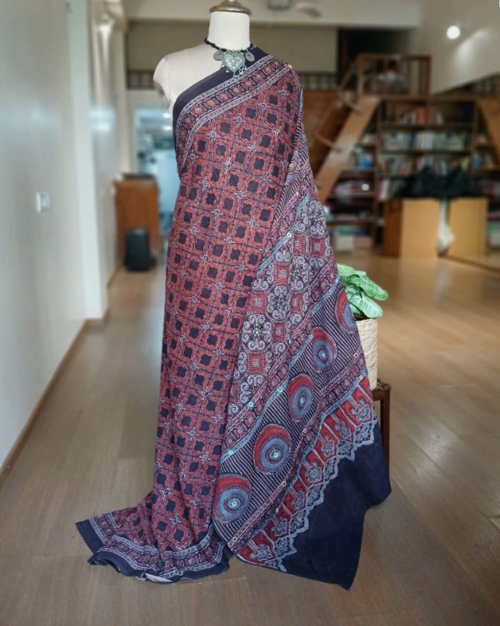 Barmer Ajrakh with Embroidered Palla Mul Cotton Saree - (AMCE1026) - Image 2