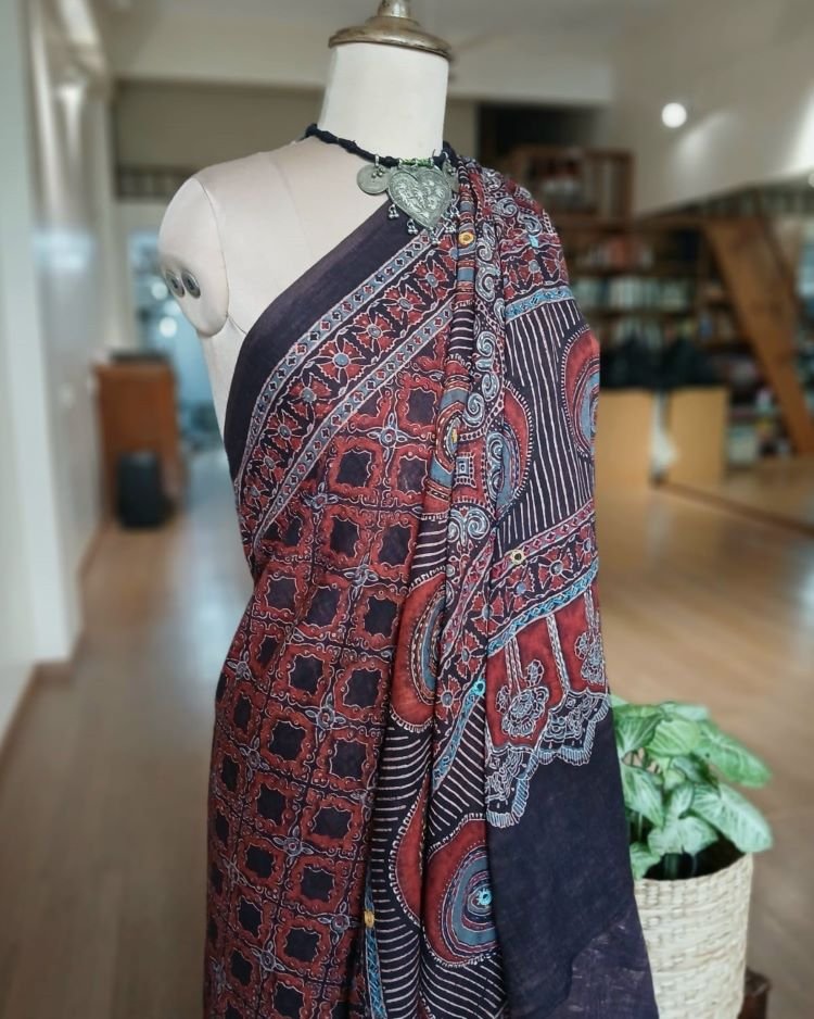 Barmer Ajrakh with Embroidered Palla Mul Cotton Saree - (AMCE1026)