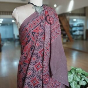 Barmer Ajrakh with Embroidered Palla Mul Cotton Saree - (AMCE1029)