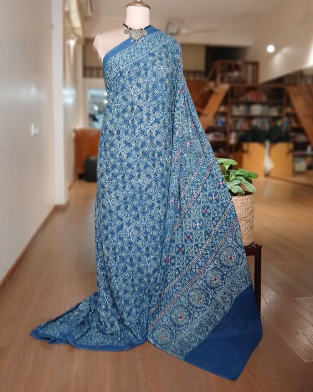 Barmer Ajrakh with Embroidered Palla Mul Cotton Saree - (AMCE1032) - Image 2