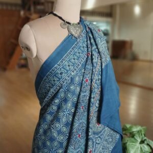 Barmer Ajrakh with Embroidered Palla Mul Cotton Saree - (AMCE1032)