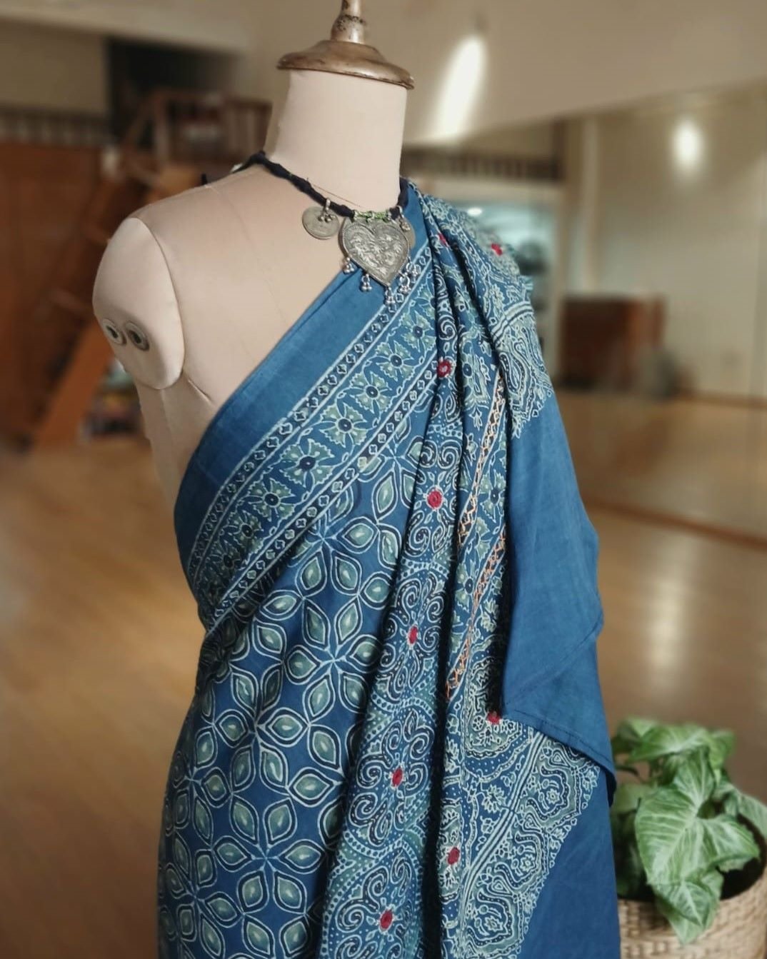 Barmer Ajrakh with Embroidered Palla Mul Cotton Saree - (AMCE1032)