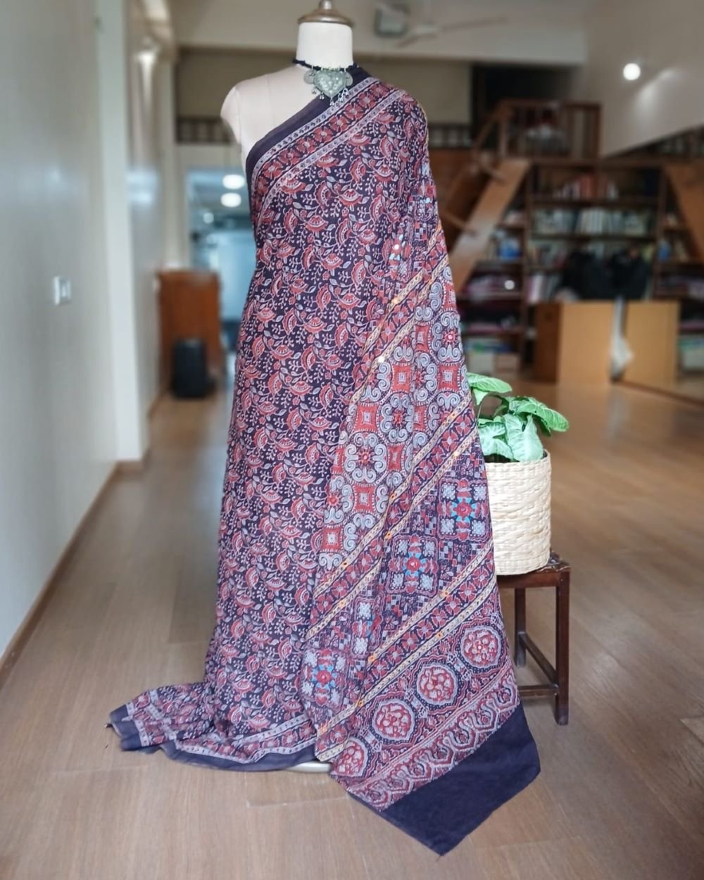 Barmer Ajrakh with Embroidered Palla Mul Cotton Saree- (AMCE1017) - Image 2