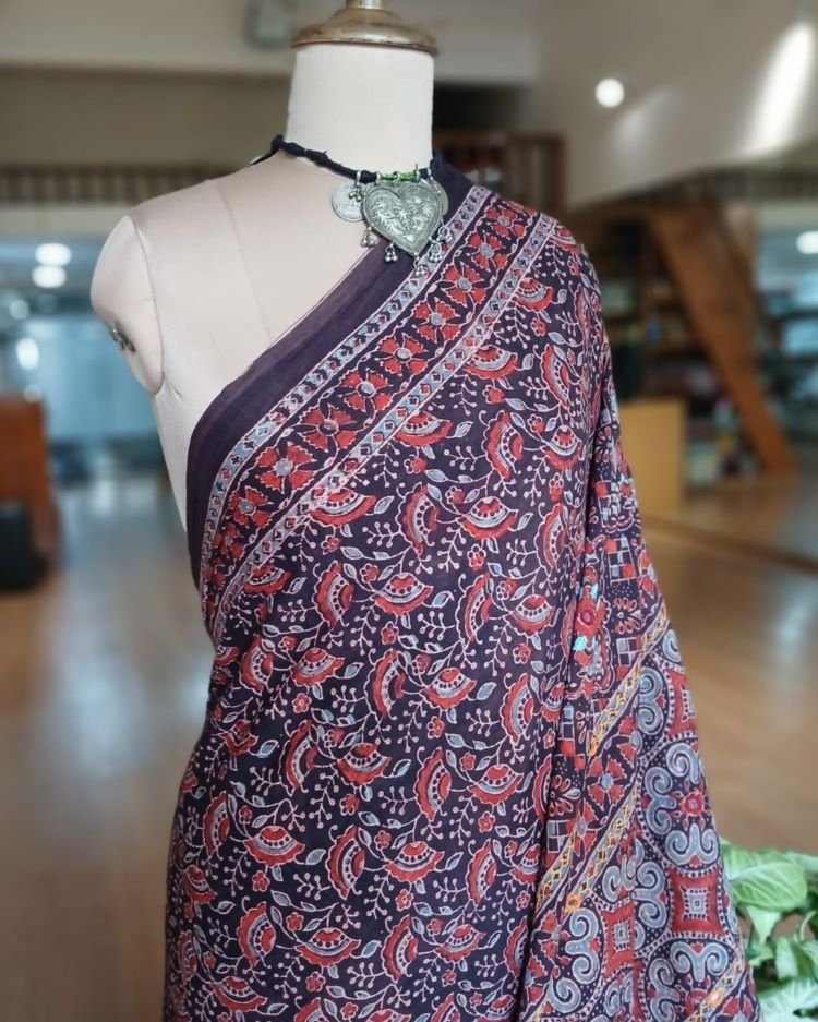 Barmer Ajrakh with Embroidered Palla Mul Cotton Saree- (AMCE1017) - Image 3