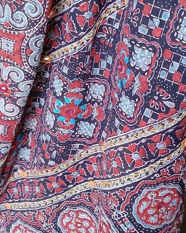 Barmer Ajrakh with Embroidered Palla Mul Cotton Saree- (AMCE1017) - Image 8