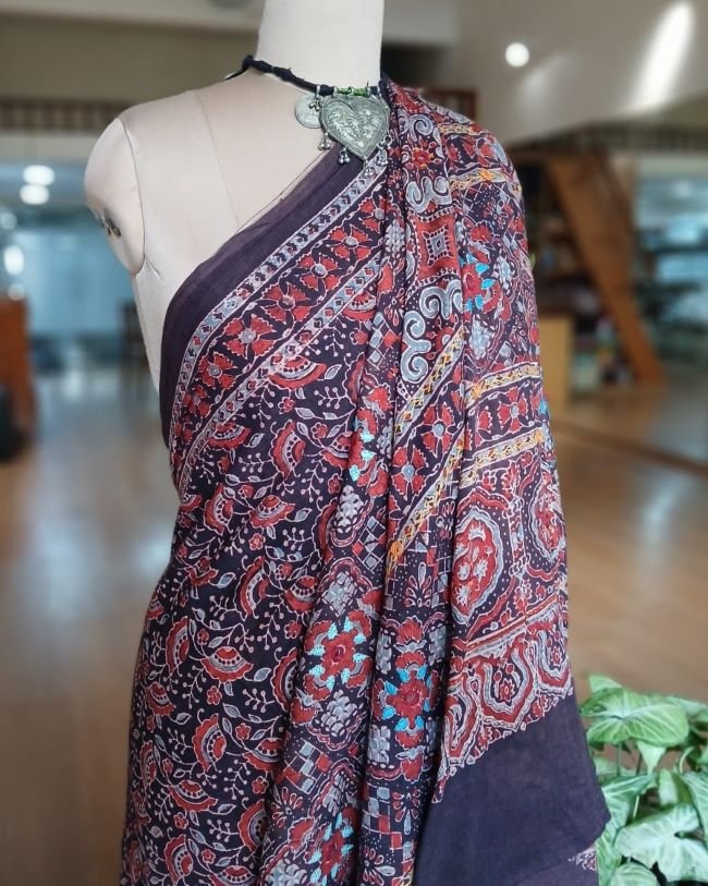 Barmer Ajrakh with Embroidered Palla Mul Cotton Saree- (AMCE1017)