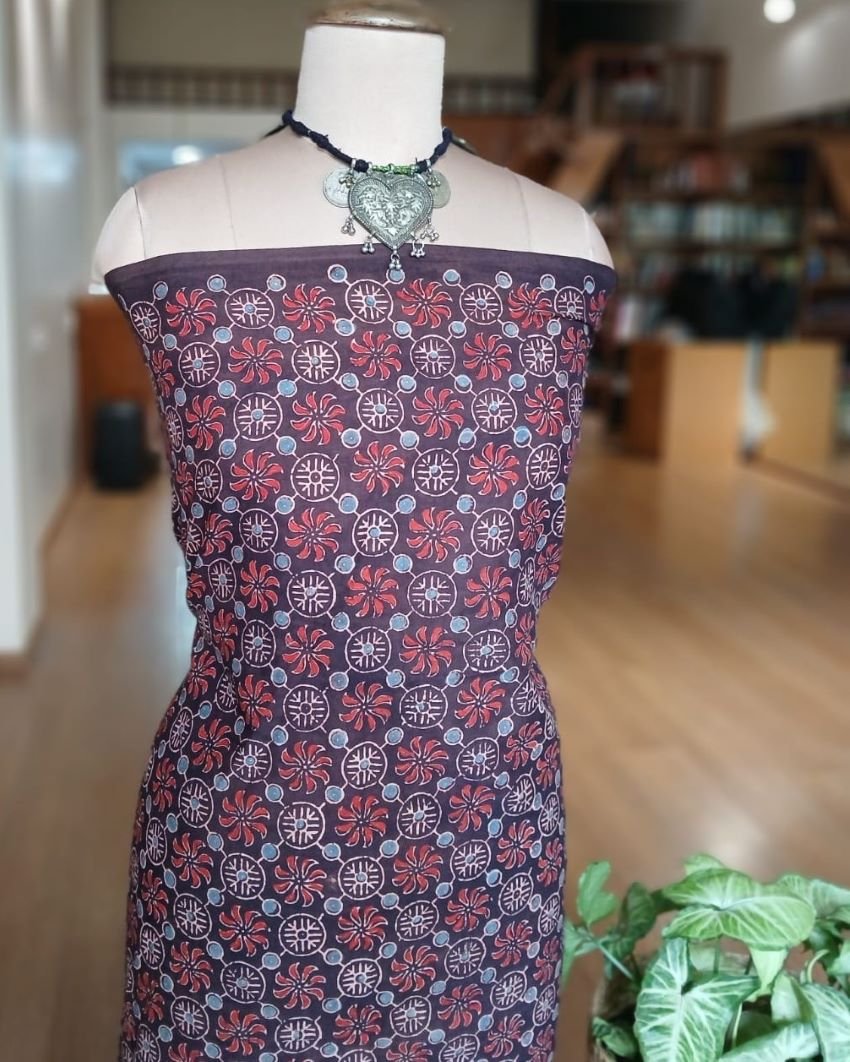 Barmer Ajrakh with Embroidered Palla Mul Cotton Saree- (AMCE1017) - Image 9