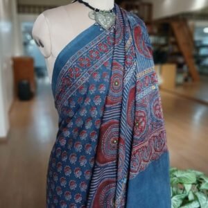 Barmer Ajrakh with Embroidered Palla Mul Cotton Saree - (AMCE1018)