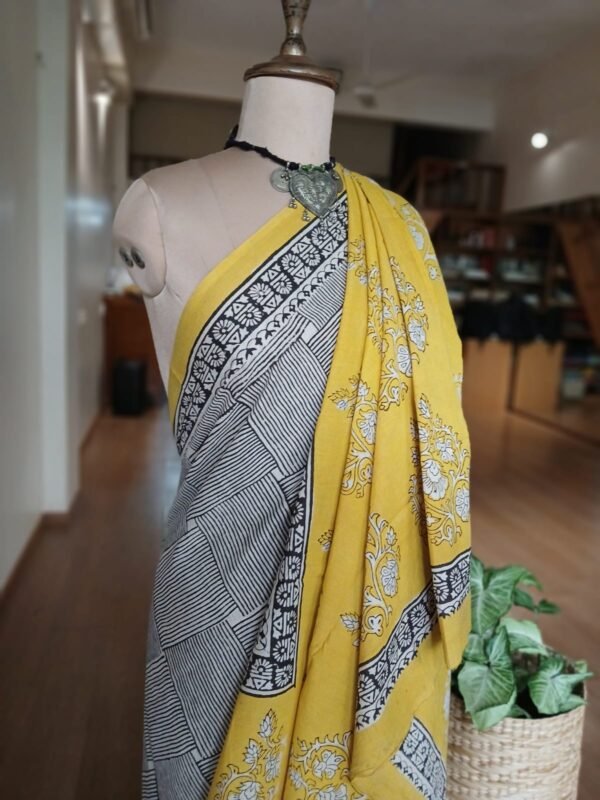 Handblock printed Mul cotton Saree from Bagru– (BHPS0003) - Image 5