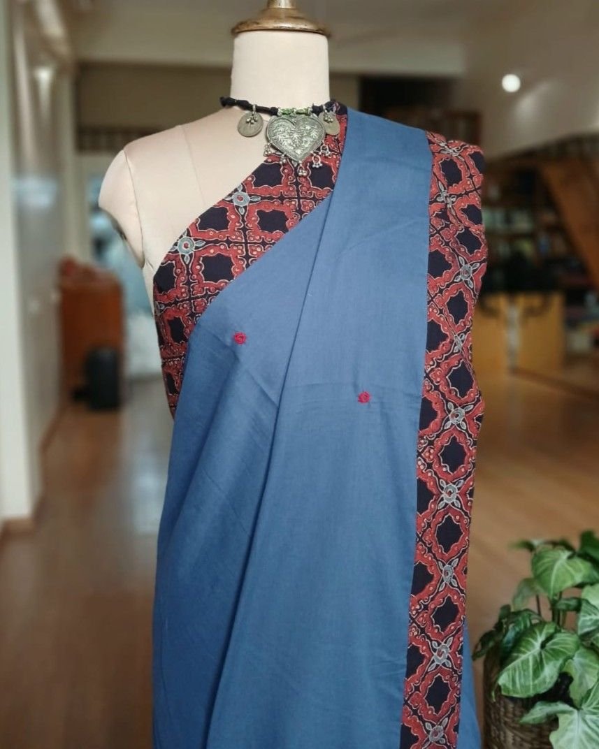 Ajrakh Applique Saree in Mul Cotton – (MCAS1031) - Image 2