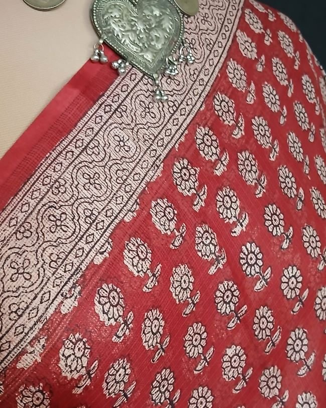 Natural Dyes Handblock from Bagh on Kota Silk - (BKSS0006) - Image 4