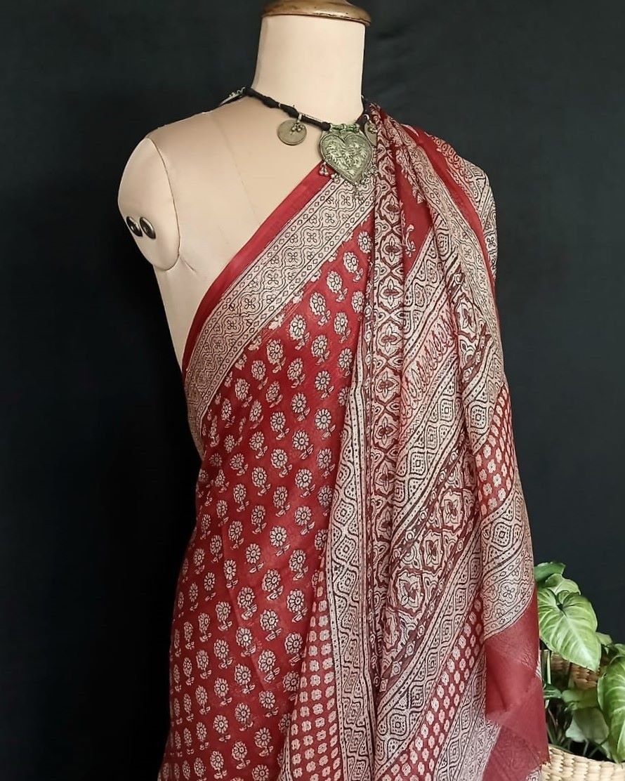Natural Dyes Handblock from Bagh on Kota Silk - (BKSS0006) - Image 5