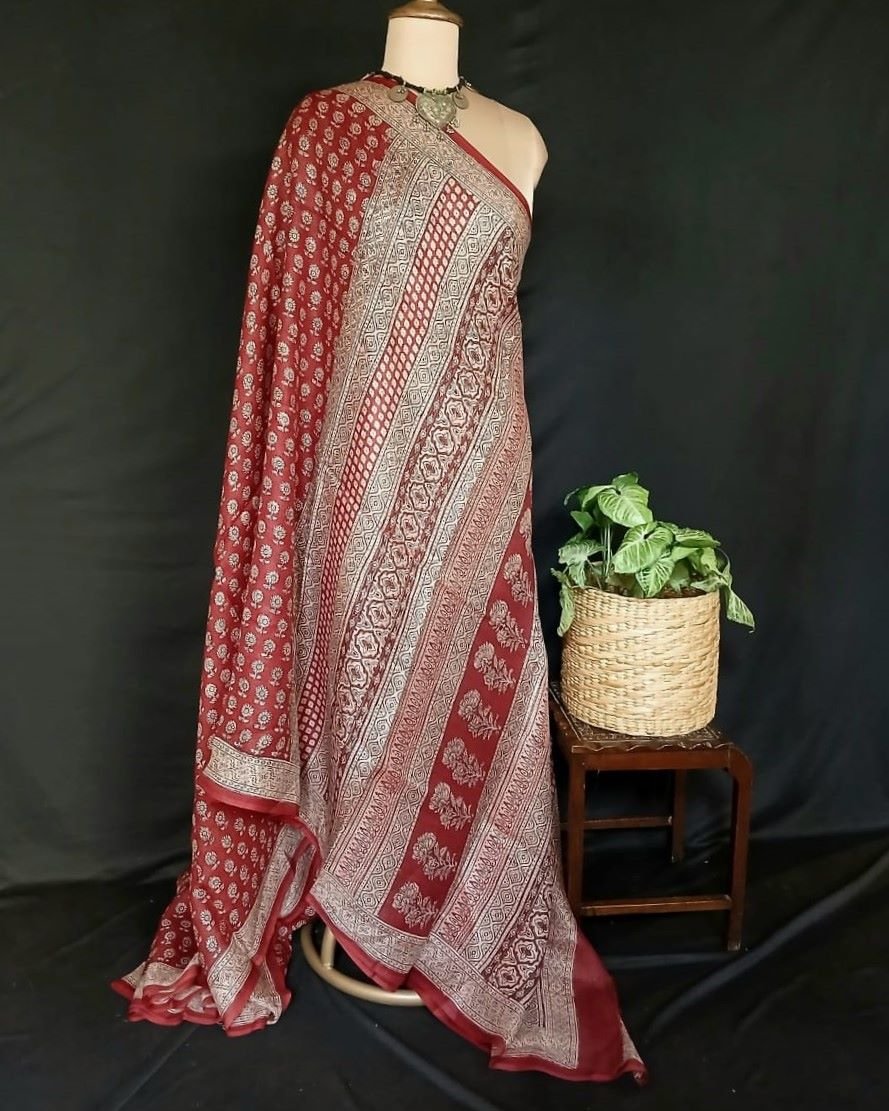 Natural Dyes Handblock from Bagh on Kota Silk - (BKSS0006) - Image 6