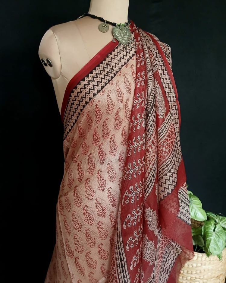 Natural Dyes Handblock from Bagh on Kota Silk - (BKSS0011) - Image 5