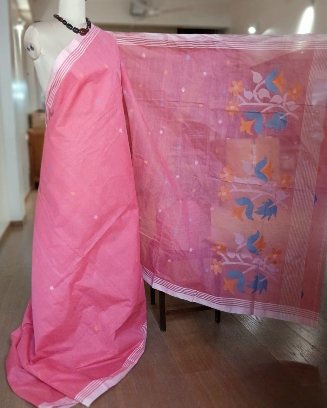 Crisp Cotton Hand Jamdani from Phulia in West Bengal - (CCHJ0010) - Image 3