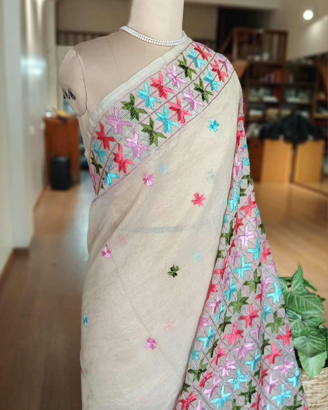 Phulkari Hand Embroidered Saree from Punjab -(PHES0001) - Image 2