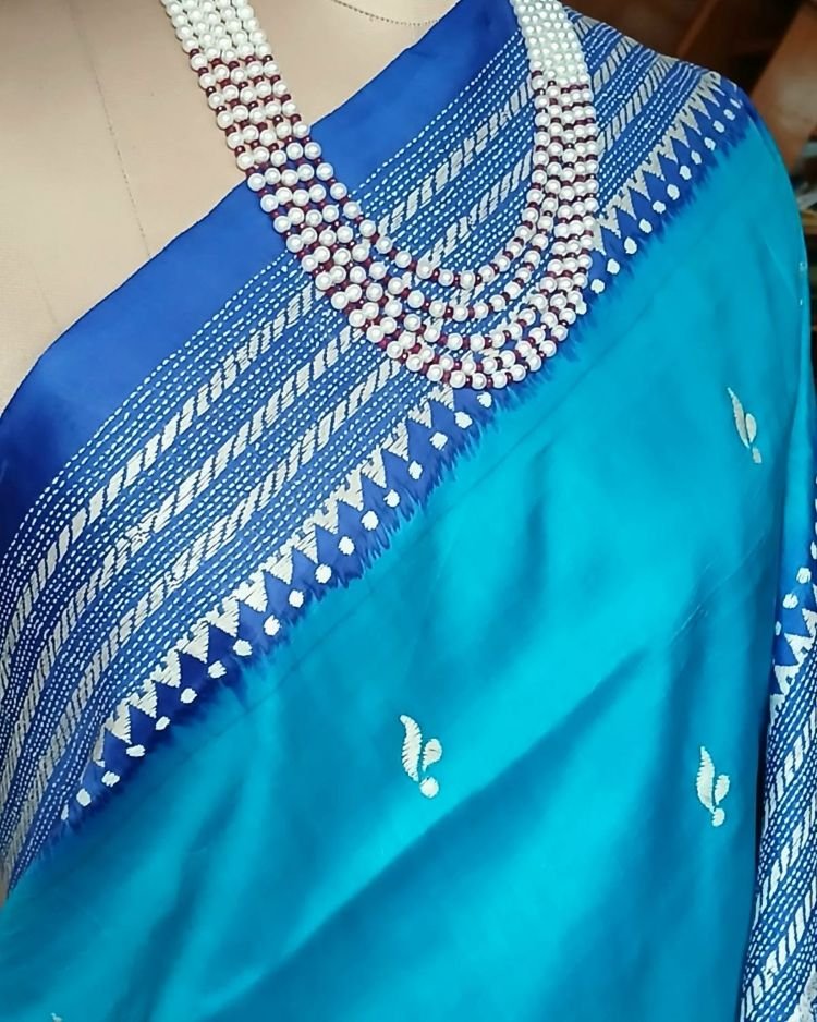 Santiniketan Kantha Saree in pure Bisnupuri Silk – (SNBK1039) - Image 5